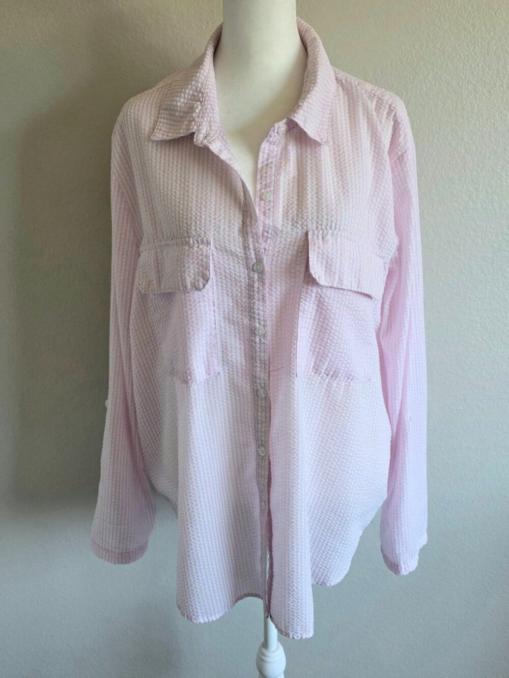 Casa Cabana Shirt Women XXL Pink White Stripe Seersucker Roll Tab Sleeve Coastal - Picture 2 of 8